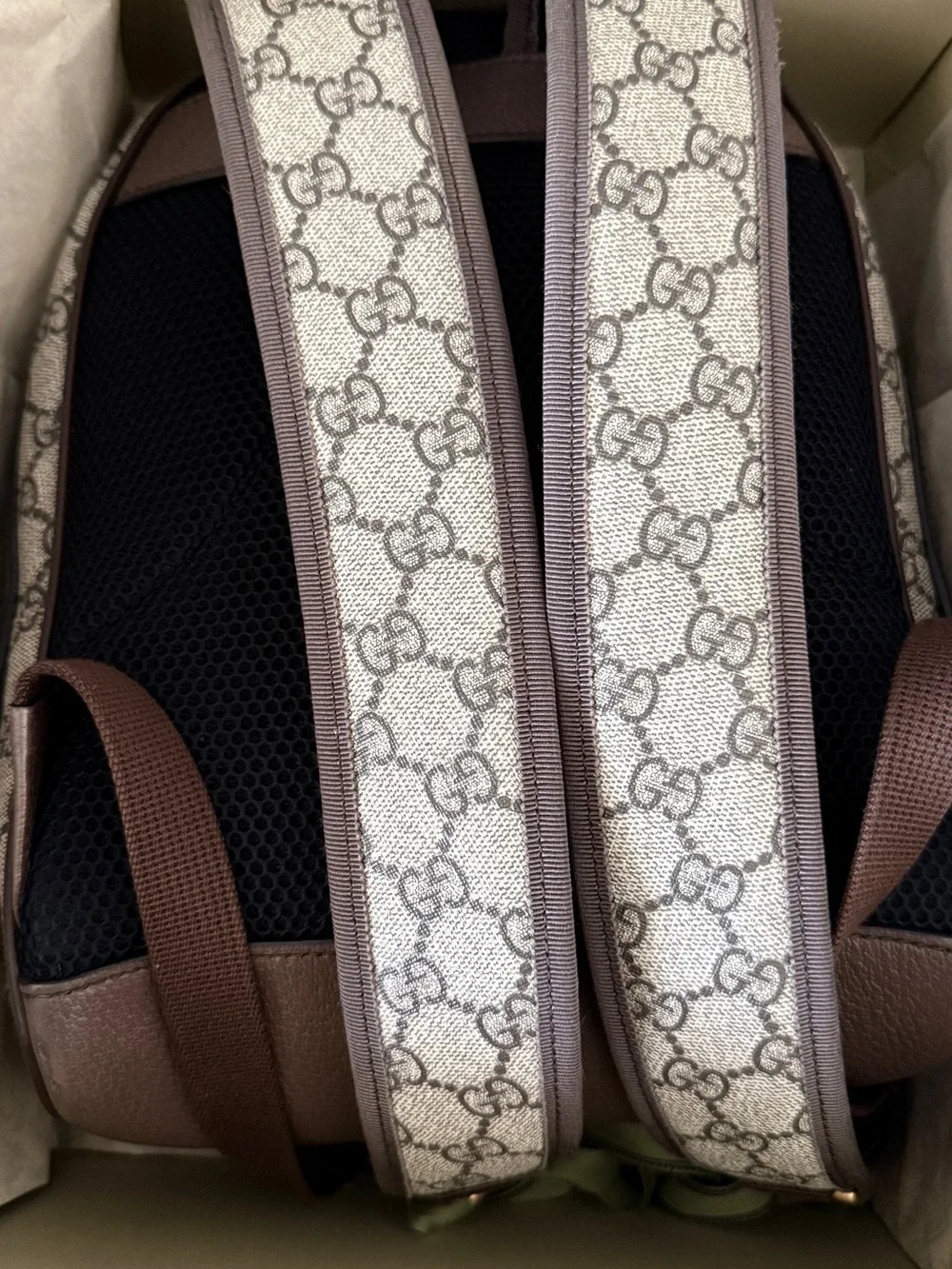Gucci Beige GG Supreme Canvas Backpack with Green-Red Web Stripe